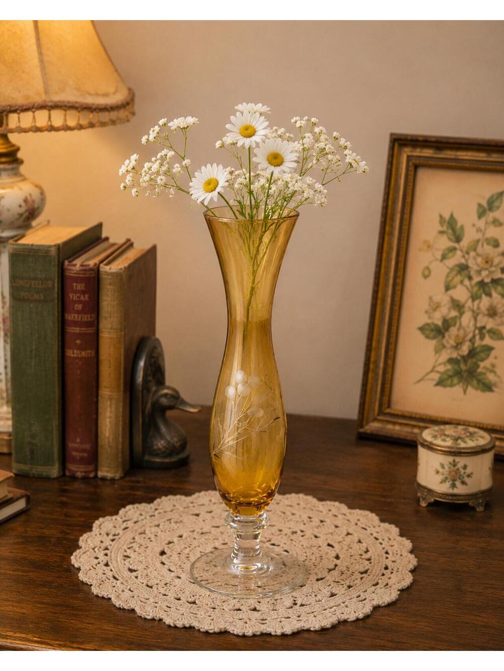 Vintage HTC Amber Cut Glass Etched Decorative Vase w/ Original Sticker